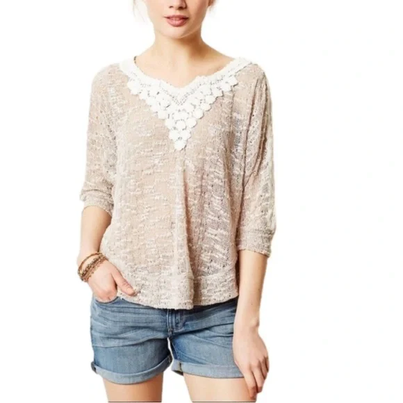 Anthropologie | Meadow Rue Taupe and Cream Lace Detail Sweater Size Small - Picture 8 of 11